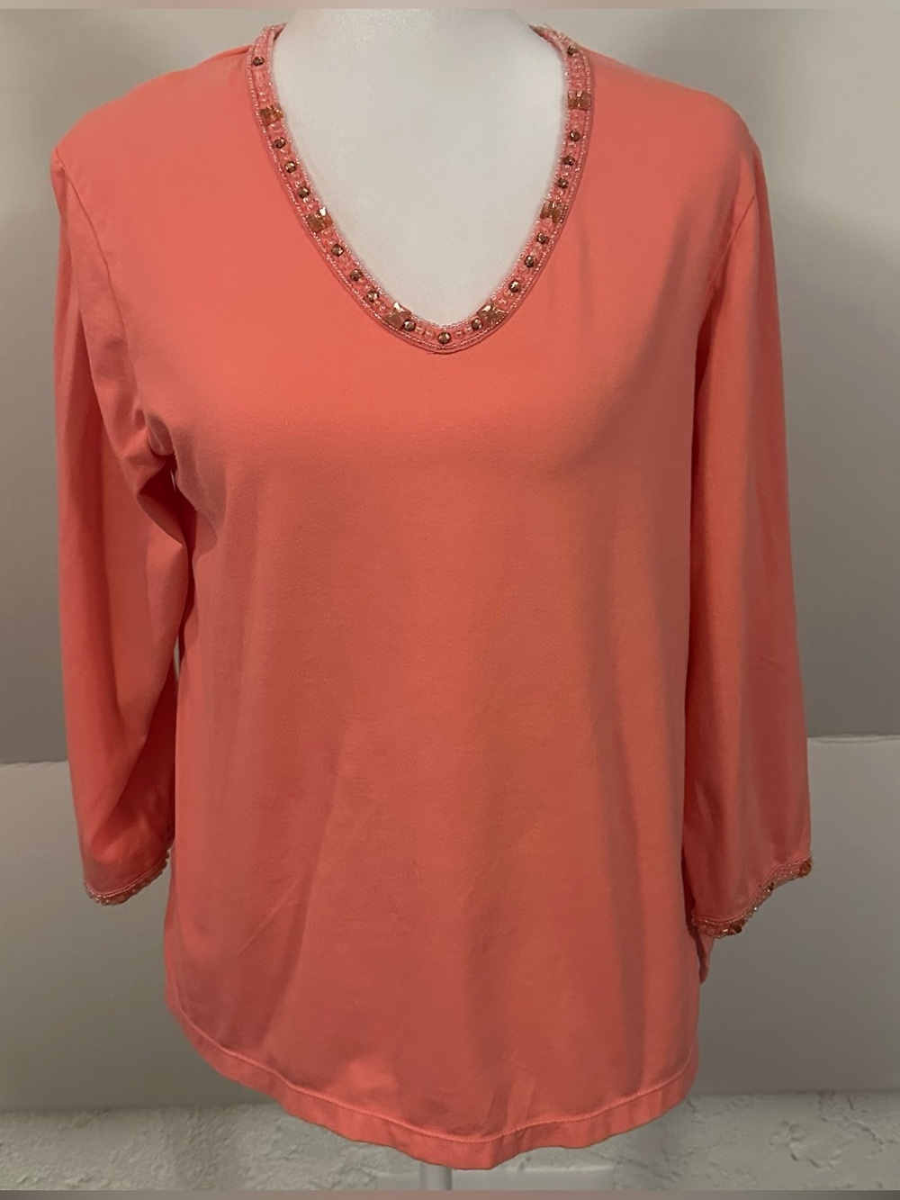 Coldwater Creek Coral V-Neck Long Sleeve Top with Bead Trim